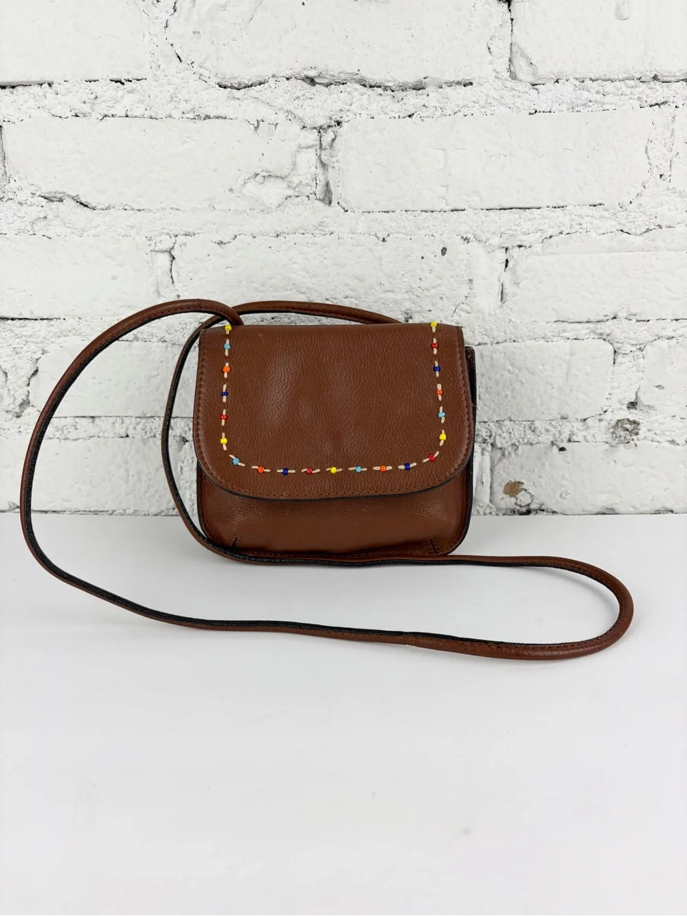 Fossil Brown Leather Mini Beaded Flap Crossbody Shoulder Bag VTG